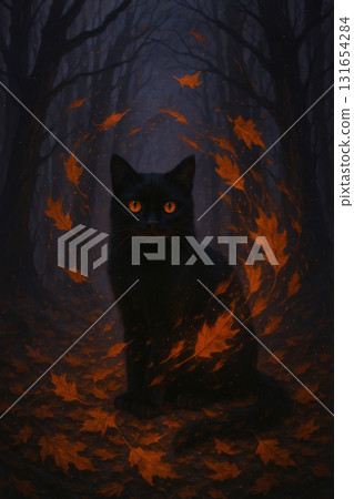A mysterious black cat with glowing amber eyes sits among pumpkins carved with mystical symbols, surrounded by swirling autumn leaves and warm golden light A mysterious black cat with glowing amber eyes sits among pumpkins carved with mystical symbols, surrounded by swirling autumn leaves and warm golden light 131654284
