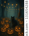 Magical artwork of a witchs cat illuminated by a soft orange glow, surrounded by pagan symbols and autumn elements 131654288