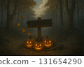 Three glowing jack-o-lanterns sit beneath an old wooden sign in a misty forest, surrounded by falling leaves and a faint eerie glow of Halloween night 131654290