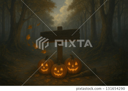 Three glowing jack-o-lanterns sit beneath an old wooden sign in a misty forest, surrounded by falling leaves and a faint eerie glow of Halloween night 131654290