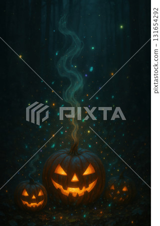 Dark, moody Halloween artwork showing a forest clearing with pumpkins, broom, and an empty wooden sign surrounded by swirling leaves 131654292