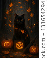 Dark Halloween illustration, black cat, pumpkins with carved runes, swirling leaves, and a sense of ancient magic 131654294