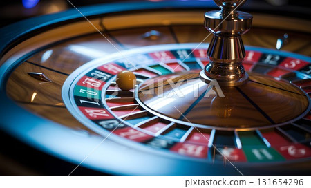 Extreme close-up of spinning roulette wheel, the ball bouncing between numbered pockets, intense casino gambling moment with selective focus 131654296