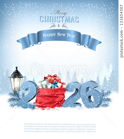 Merry Christmas and Happy New Year 2022. Blue 3D numbers with a red sack full presents on a winter landscape background. Vector 131654307