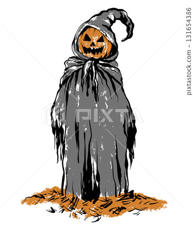 Linear vector of pumpkin head man in cloak. Halloween scarecrow, jack-o-lantern ghost, grim wraith figure. Creepy outline drawing, isolated sketch, horror illustration for design use. 131654386