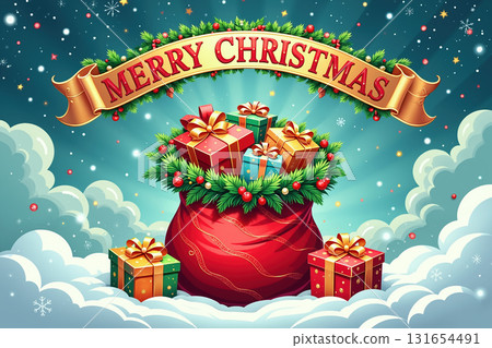Merry Christmas banner with gift sack and presents. Merry Christmas banner with gift sack and presents. 131654491