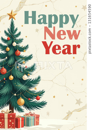 Decorated Christmas tree with gifts and Happy New Year text. Decorated Christmas tree with gifts and Happy New Year text. 131654590