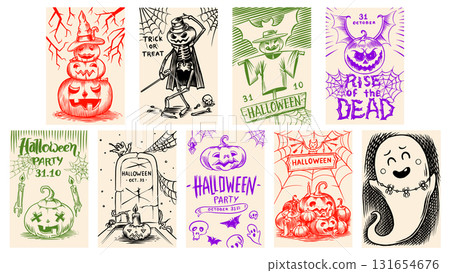 Halloween party invitation cards, poster banner or template for holiday. Pumpkins and spider web Halloween party invitation cards, poster banner or template for holiday. Pumpkins and spider web 131654676