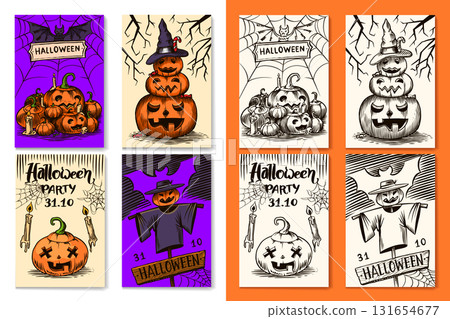 Halloween invitation cards for celebration. Poster or banner for holiday, spooky scary templates Halloween invitation cards for celebration. Poster or banner for holiday, spooky scary templates 131654677