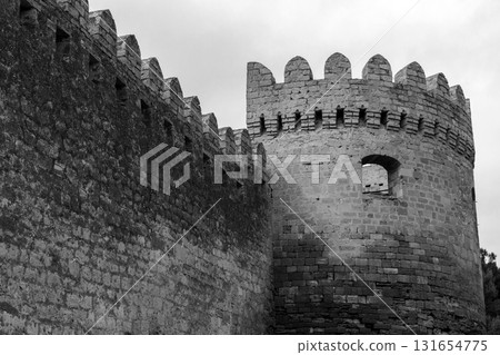 Black and white image of a medieval fortress of Baku, Azerbaijan 131654775