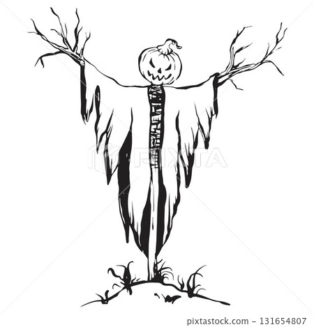 Linear vector illustration of a pumpkin scarecrow in rags on a hill. Simple outline drawing for Halloween design, icon, or decoration element. 131654807
