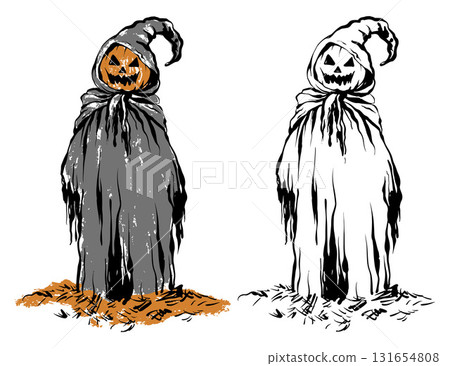 Hand drawn pumpkin man in hooded robe. Halloween jack-o-lantern, grim reaper icon, spooky scarecrow figure. Outline vector, isolated sketch, gothic horror design element. 131654808