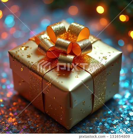 Gold gift box with bow on sparkly bokeh background. 131654809