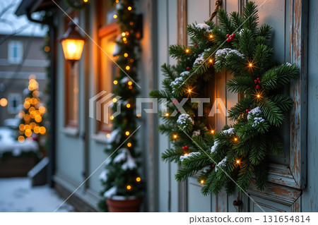 Christmas wreath on a door with lights and red berries. 131654814