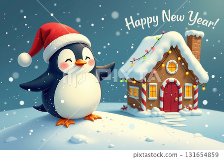 Penguin in Santa hat waves near a festive house. Penguin in Santa hat waves near a festive house. 131654859
