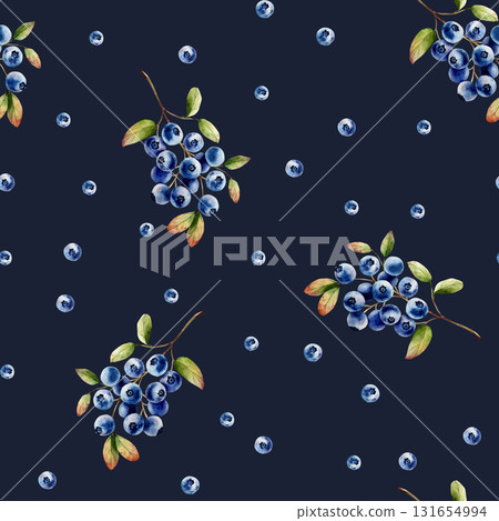 Watercolor seamless pattern with branch of juicy blueberries with green leaves. Botanical hand drawn isolated illustration ideal for seasonal, forest, or nature-themed designs. Rustic foliage perfect 131654994