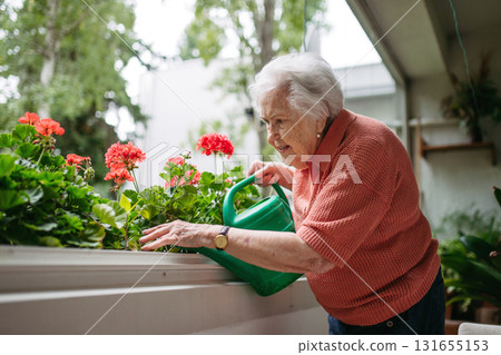 Elderly woman watering potted flowers on balcony. Elderly woman watering potted flowers on balcony. 131655153