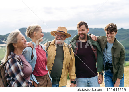Multigenerational family on hiking trip in nature. Multigenerational family on hiking trip in nature. 131655219