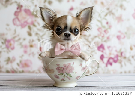 Charming chihuahua puppy in floral teacup wearing a pink bow tie 131655337