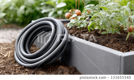 Garden hose coiled by thriving tomato plants in a home garden beds 131655340