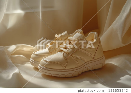 Light spills over stylish cream sneakers or baby shoes on tiled floor 131655342