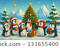 Cute penguins celebrating Christmas in snowy Antarctica with gifts, a decorated tree, and holiday cheer. 131655400