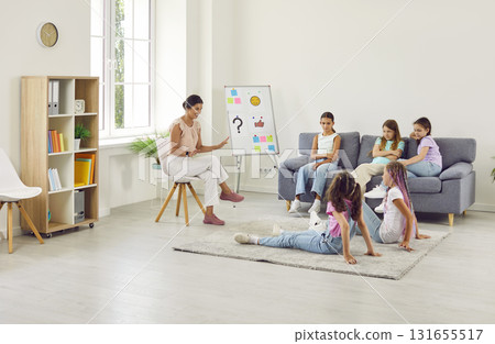 School psychologist and group of children discussing conflict situation together School psychologist and group of children discussing conflict situation together 131655517