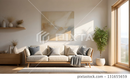 A living room with a beige sofa, pillows, a blanket, a plant, and artwork on the wall near a window A living room with a beige sofa, pillows, a blanket, a plant, and artwork on the wall near a window 131655659