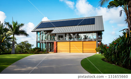 Exterior view of a modern house with solar panels on the roof and a curved driveway on a sunny day Exterior view of a modern house with solar panels on the roof and a curved driveway on a sunny day 131655660