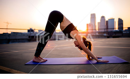 Woman in downward dog yoga pose on a mat with city skyline and sunset in the background outdoors 131655694
