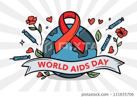 Hand drawn doodle style Word Aids Day greeting banner with red ribbon, globe, syringe, and colorful elements.Vector illustration. Hand drawn doodle style Word Aids Day greeting banner with red ribbon, globe, syringe, and colorful elements.Vector illustration. 131655706