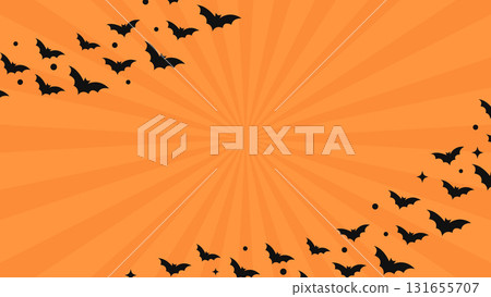 Flying Bats Crowd Silhouette Banner on Orange Sunburst Halloween Background Vector. Flying Bats Crowd Silhouette Banner on Orange Sunburst Halloween Background Vector. 131655707