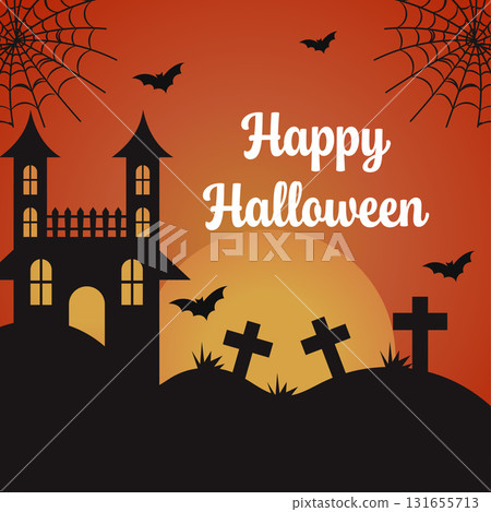 Happy Halloween Greetings Card Illustration with Silhouette Haunted House Moon Bats and Gravestones. 131655713