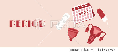 Women period banner with elements: pads, tampons, menstrual cup, uterus, calendar. Menstruation and women health design 131655792