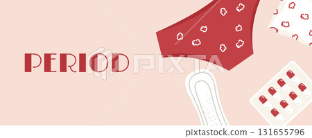 Women period banner with elements: pads, pain relief panties. Menstruation and women health design Women period banner with elements: pads, pain relief panties. Menstruation and women health design 131655796