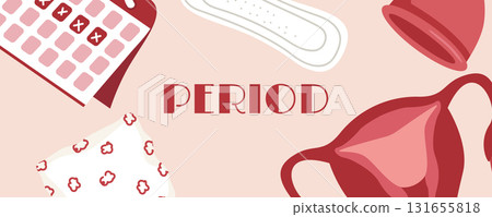 Women period banner with elements: pads, uterus, menstrual cup, calendar, panties. Menstruation and women health design Women period banner with elements: pads, uterus, menstrual cup, calendar, panties. Menstruation and women health design 131655818