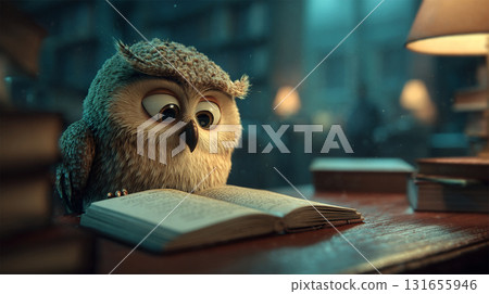 Warm atmosphere in the library with a cute owl reading a book Warm atmosphere in the library with a cute owl reading a book 131655946