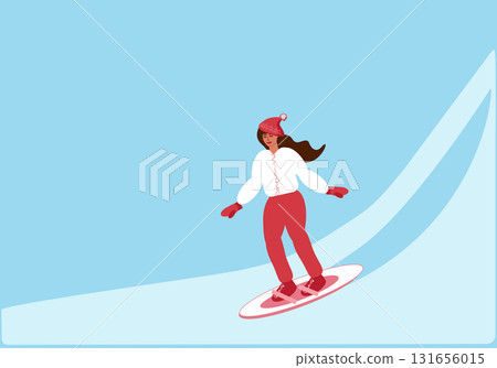 Young woman snowboarding in warm clothes 131656015