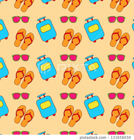 A vibrant and colorful cartoon pattern features suitcases, sunglasses, and flip flops against a light background. The design evokes a sense of vacation and summertime fun. 131656030