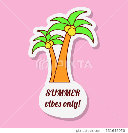 Vector graphic shows a colourful sticker with two palm trees on a pink background. Summer vibes only is written in style text. It represents vacation time. 131656050
