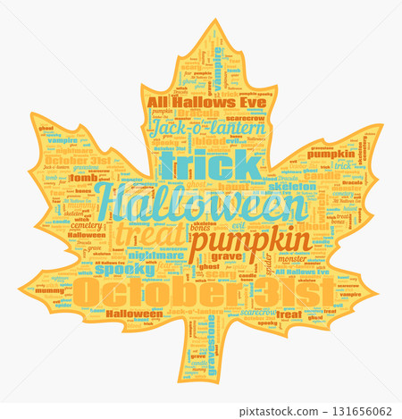 Bright orange and teal word cloud shaped like maple leaf celebrating Halloween, autumn mood and autumn vibe 131656062