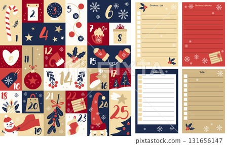 December. Advent Calendar and Planner. Countdown Christmas. Template Xmas Numbers Icon with Traditional symbols and New Year to-do list, sheet, paper. Vector flat illustration. Not AI 131656147