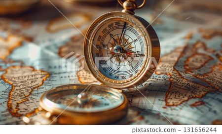 A vintage compass rests elegantly on a detailed map, symbolizing adventure and exploration across the globe. 131656244