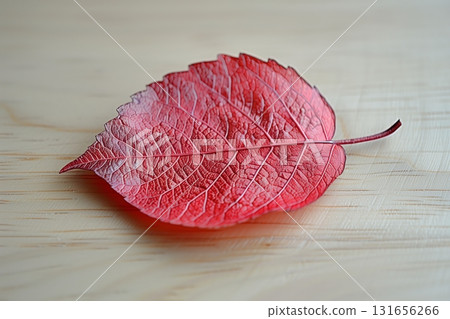 A vibrant red leaf resting on a wooden surface, showcasing details and textures of nature's beauty. 131656266