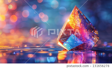 A vibrant crystal prism reflecting colorful light in a dreamy, abstract background. 131656278