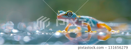 A vibrant frog resting on a water surface, showcasing detailed colors and reflections in a serene environment. 131656279