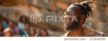 A vibrant gathering where a passionate speaker engages an enthusiastic audience in a natural setting. 131656280