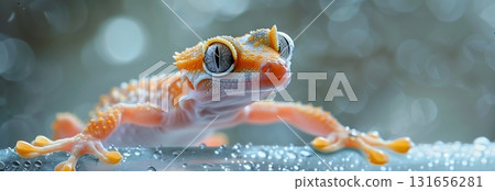 A vibrant gecko perched on a surface, showcasing its unique colors and textures against a blurred background. A vibrant gecko perched on a surface, showcasing its unique colors and textures against a blurred background. 131656281