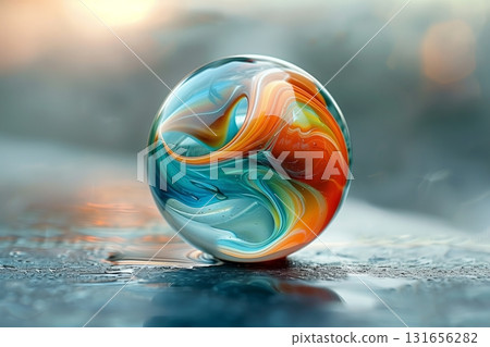 A vibrant glass marble showcasing swirling colors, reflecting light beautifully with a blurred background. 131656282