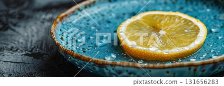 A vibrant, fresh lemon slice beautifully arranged on a textured blue plate, perfect for culinary presentations. 131656283